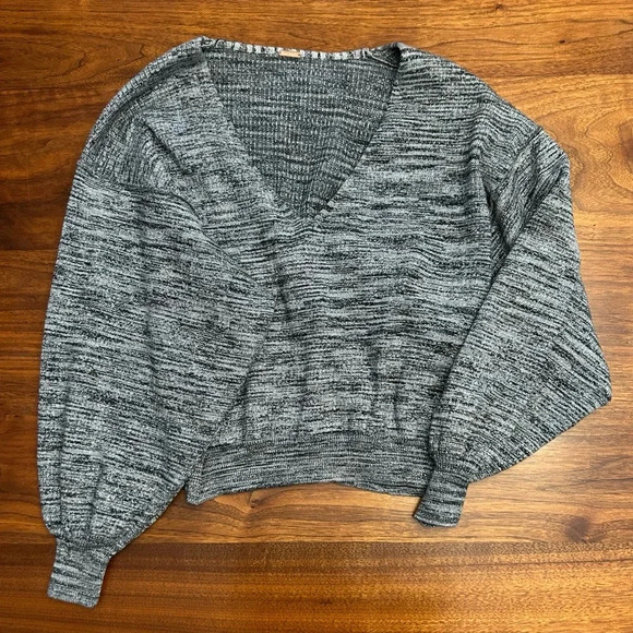 Free People Cropped Oversized Shimmery Sweater Deep V Neckline - Picture 2 of 8